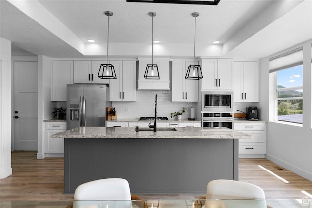 469 N 1360 E Unit 13, Tooele, UT 84074 - kitchen featuring appliances with stainless steel finishes, a tray ceiling, backsplash, an island with sink, and light wood-style floors