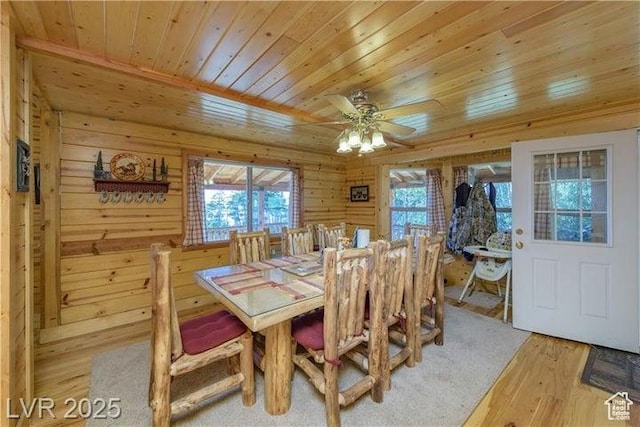 1458 W 6400 S, Parowan, UT 84761 - dining room featuring wooden ceiling, light wood-style floors, ceiling fan, and wood walls