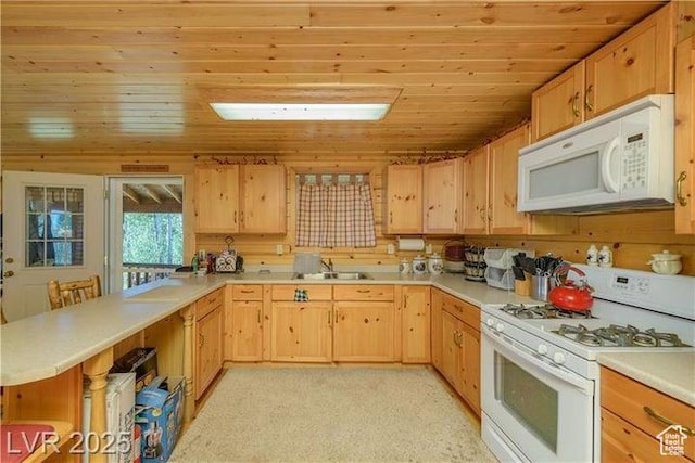 1458 W 6400 S, Parowan, UT 84761 - kitchen with white appliances, wooden ceiling, light brown cabinetry, a peninsula, and light countertops