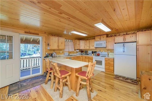 1458 W 6400 S, Parowan, UT 84761 - kitchen featuring white appliances, wood ceiling, a peninsula, light brown cabinets, and light wood-type flooring