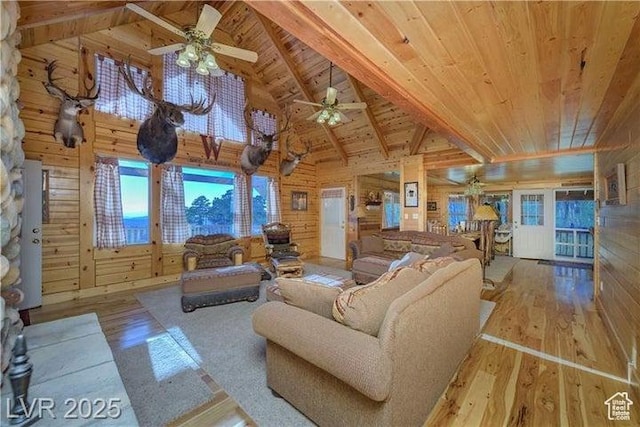 1458 W 6400 S, Parowan, UT 84761 - living room with a wooden ceiling with exposed beams, hardwood / wood-style flooring, a ceiling fan, high vaulted ceiling, and wooden walls