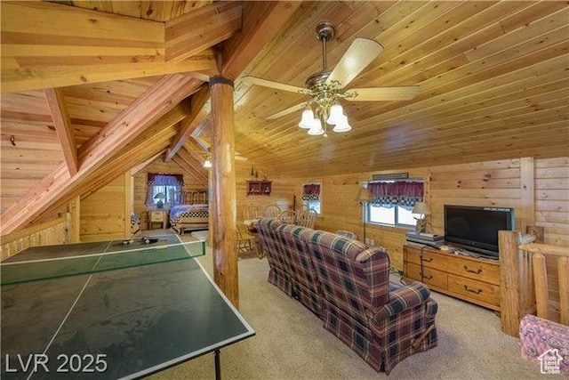 1458 W 6400 S, Parowan, UT 84761 - playroom featuring wooden ceiling, wooden walls, ceiling fan, and carpet flooring