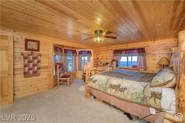 1458 W 6400 S, Parowan, UT 84761 - carpeted bedroom featuring wooden ceiling, wood walls, and ceiling fan