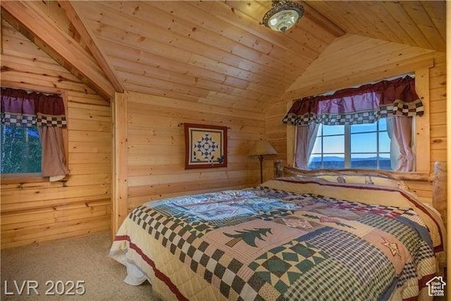 1458 W 6400 S, Parowan, UT 84761 - bedroom with vaulted ceiling, wood ceiling, wooden walls, and carpet floors