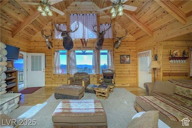 1458 W 6400 S, Parowan, UT 84761 - living area with ceiling fan, a wood ceiling with exposed beams, high vaulted ceiling, wooden walls, and wood finished floors
