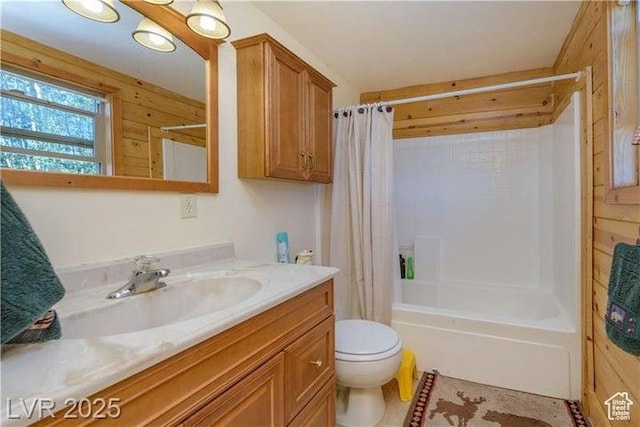 1458 W 6400 S, Parowan, UT 84761 - full bathroom with vanity, shower / bath combo with shower curtain, and wood walls