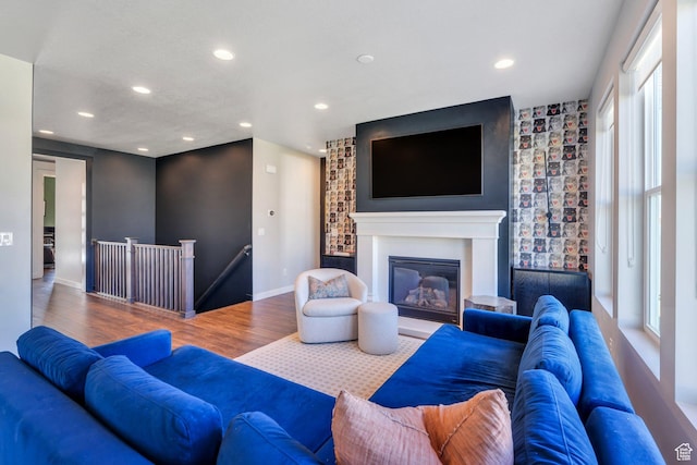 2739 N 3550 W, Lehi, UT 84043 - living area with wood finished floors, recessed lighting, and a glass covered fireplace