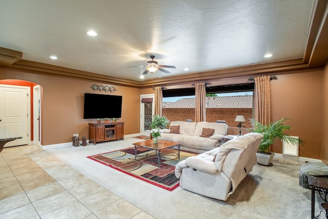 960 N Catalpa Dr, Washington, UT 84780 - living room featuring arched walkways, light carpet, ceiling fan, recessed lighting, and light tile patterned flooring
