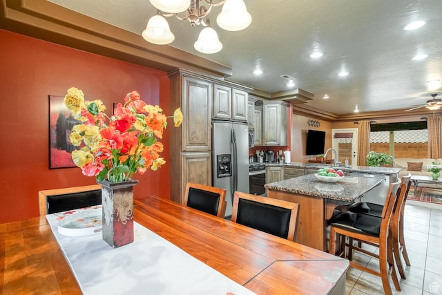 960 N Catalpa Dr, Washington, UT 84780 - dining room featuring light tile patterned floors, a chandelier, recessed lighting, and a ceiling fan