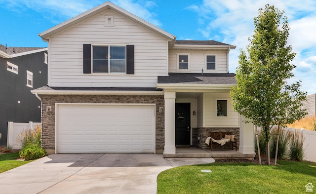 1546 W Parkview Dr, Syracuse, UT 84075 - view of front of house with stone siding, concrete driveway, a garage, and a shingled roof