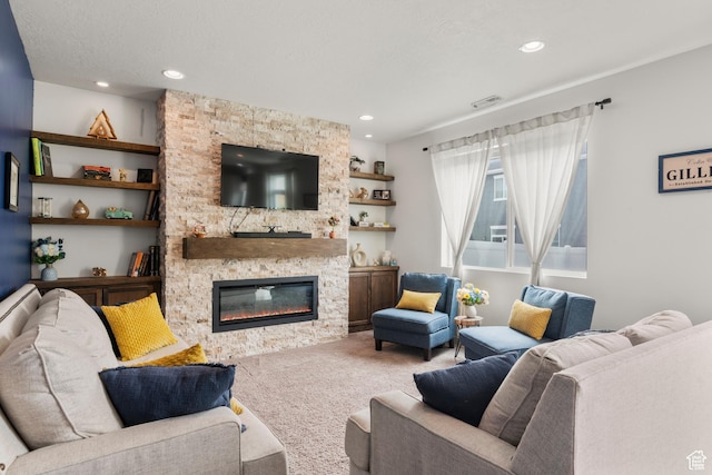1546 W Parkview Dr, Syracuse, UT 84075 - carpeted living room with a fireplace, recessed lighting, and built in shelves