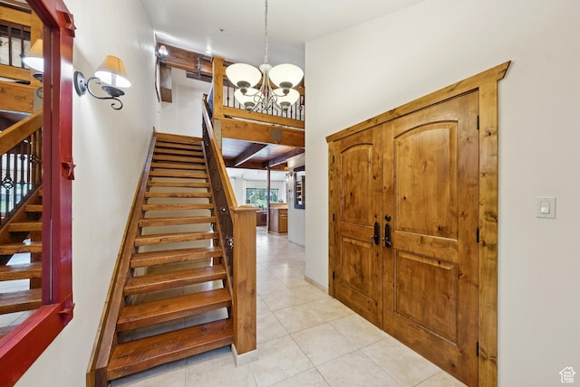 1582 Deer Valley Dr N, Park City, UT 84060 - staircase featuring a chandelier and tile patterned floors