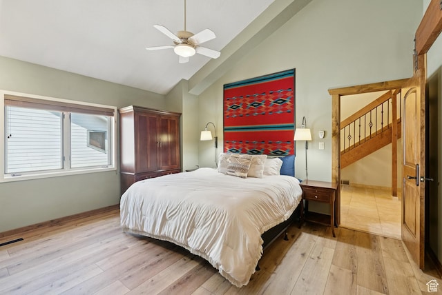 1582 Deer Valley Dr N, Park City, UT 84060 - bedroom featuring high vaulted ceiling, light wood finished floors, and a ceiling fan