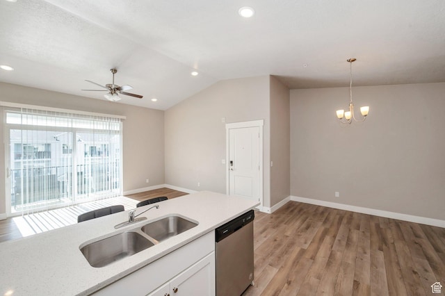 1128 S 820 E Unit 1303, Heber City, UT 84032 - kitchen featuring stainless steel dishwasher, lofted ceiling, light wood finished floors, a chandelier, and ceiling fan