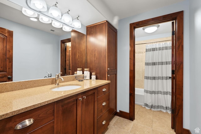 4048 W Ivy Ave, Mountain Green, UT 84050 - bathroom featuring vanity, tile patterned floors, and shower / bath combo with shower curtain