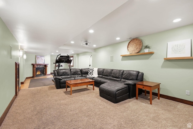 4048 W Ivy Ave, Mountain Green, UT 84050 - carpeted living room featuring a glass covered fireplace and recessed lighting