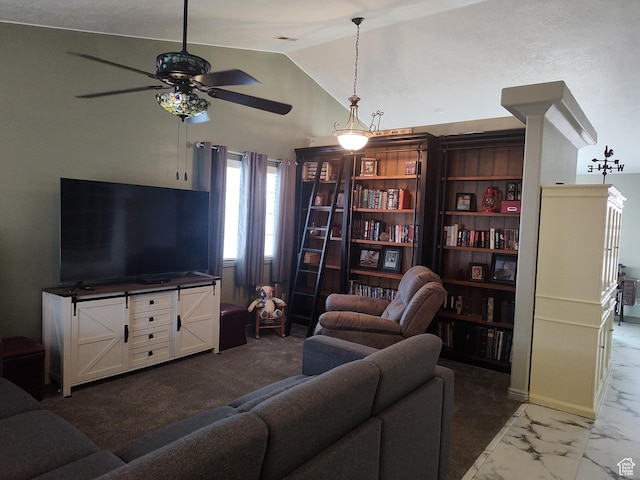 2054 E 140 S, St George, UT 84790 - living area with a ceiling fan, marble look tile flooring, and lofted ceiling