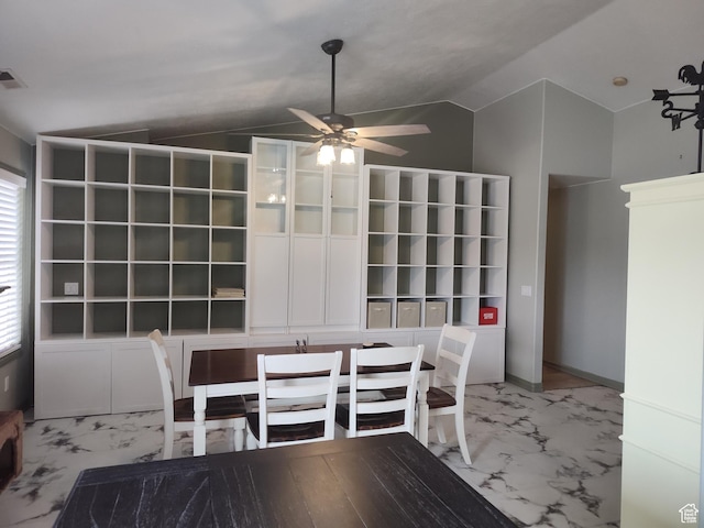 2054 E 140 S, St George, UT 84790 - unfurnished dining area featuring lofted ceiling, light marble finish flooring, and a ceiling fan