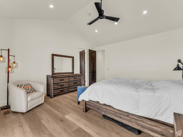943 Hart Loop, Francis, UT 84036 - bedroom featuring light wood finished floors, recessed lighting, high vaulted ceiling, and a ceiling fan