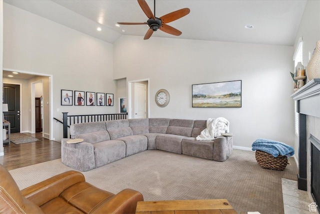 1820 W 950 N, Layton, UT 84041 - living area with a fireplace with flush hearth, ceiling fan, recessed lighting, and high vaulted ceiling