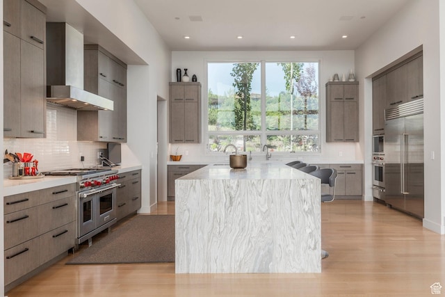 1433 Snow Berry St, Park City, UT 84098 - kitchen with high quality appliances, wall chimney exhaust hood, tasteful backsplash, light wood-style flooring, and recessed lighting
