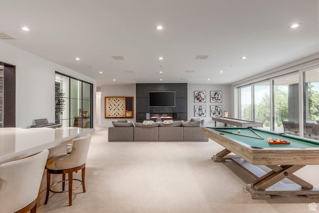 1433 Snow Berry St, Park City, UT 84098 - recreation room featuring light carpet, recessed lighting, billiards table, and a large fireplace