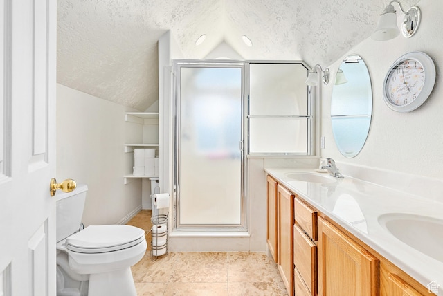 378 N 1180 E, Pleasant Grove, UT 84062 - full bathroom featuring lofted ceiling, a textured ceiling, a shower stall, double vanity, and tile patterned floors