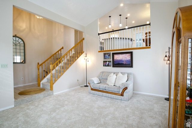 378 N 1180 E, Pleasant Grove, UT 84062 - carpeted living area with stairs, a high ceiling, and recessed lighting