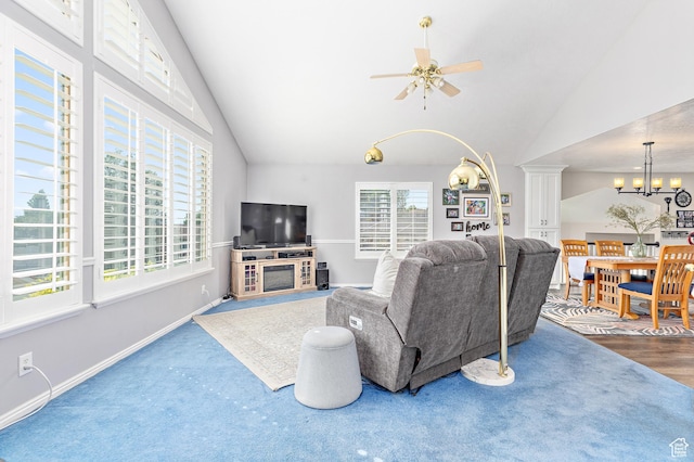 378 N 1180 E, Pleasant Grove, UT 84062 - living area featuring lofted ceiling, a chandelier, a ceiling fan, and decorative columns