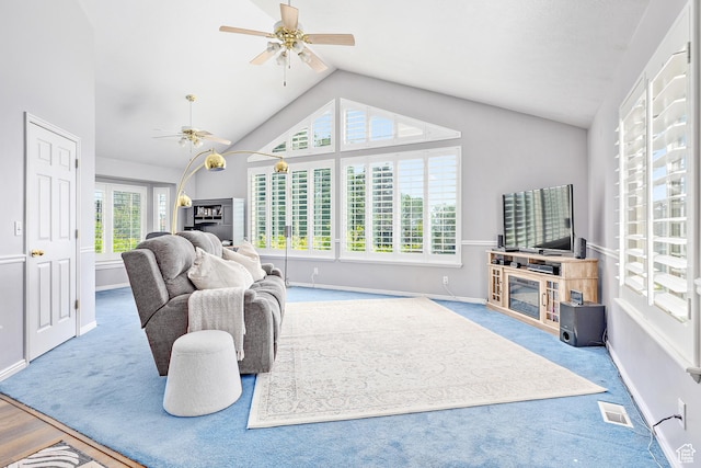 378 N 1180 E, Pleasant Grove, UT 84062 - carpeted living room featuring ceiling fan, lofted ceiling, and a glass covered fireplace