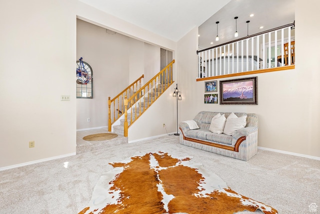 378 N 1180 E, Pleasant Grove, UT 84062 - carpeted living room with stairs and a towering ceiling