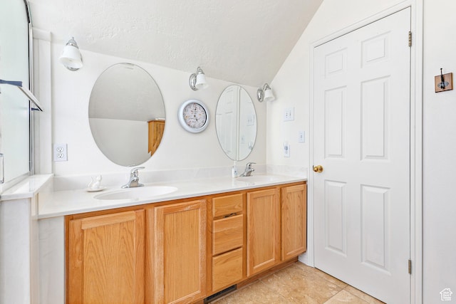 378 N 1180 E, Pleasant Grove, UT 84062 - full bathroom with vaulted ceiling, double vanity, and a textured ceiling