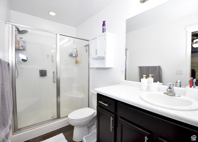 5063 W Arete Way, Herriman, UT 84096 - full bathroom featuring vanity, a stall shower, and wood finished floors