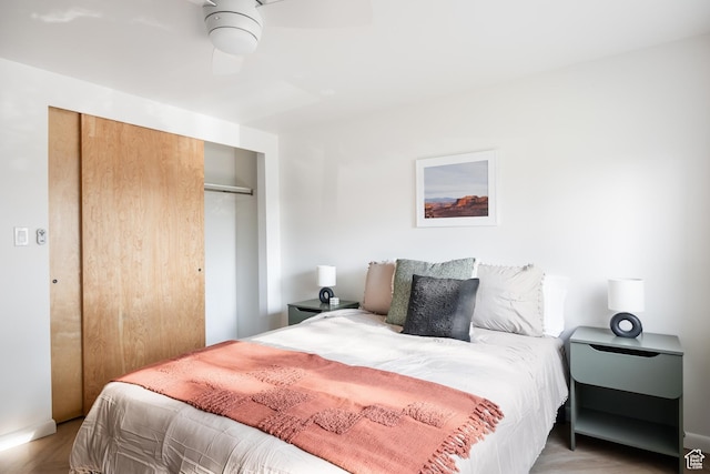 673 E 6th Ave, Salt Lake City, UT 84103 - bedroom featuring a closet, light wood-style floors, and ceiling fan