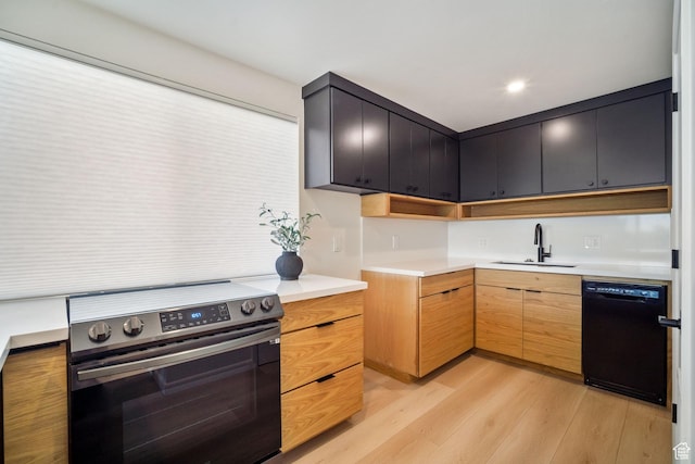 673 E 6th Ave, Salt Lake City, UT 84103 - kitchen featuring stainless steel range with electric stovetop, black dishwasher, light wood-style flooring, and light countertops