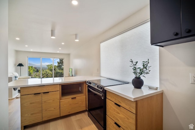 673 E 6th Ave, Salt Lake City, UT 84103 - kitchen with electric range, light wood-style floors, light countertops, recessed lighting, and a peninsula