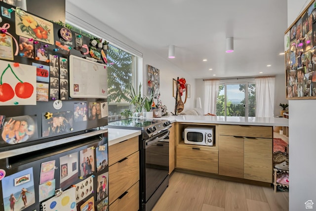 673 E 6th Ave, Salt Lake City, UT 84103 - kitchen with electric range oven, freestanding refrigerator, light wood-type flooring, light countertops, and recessed lighting
