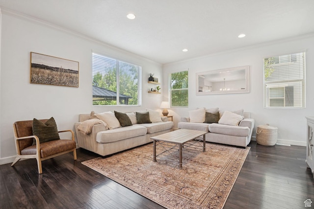 13159 S Herriman Rose Blvd, Herriman, UT 84096 - living area featuring ornamental molding, dark wood-type flooring, and recessed lighting