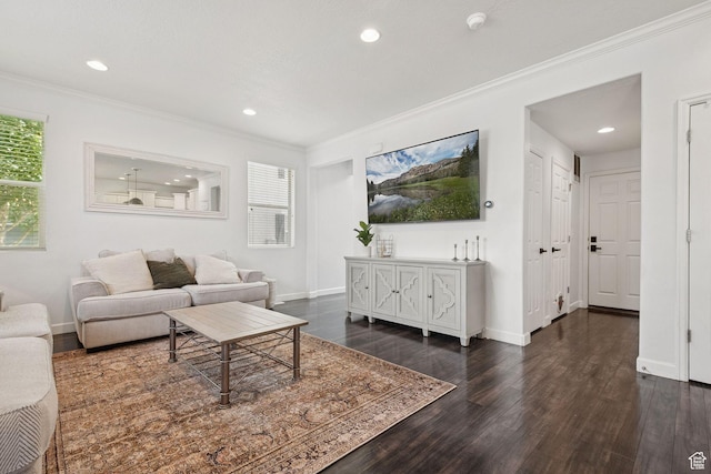 13159 S Herriman Rose Blvd, Herriman, UT 84096 - living room with recessed lighting, dark wood finished floors, plenty of natural light, and ornamental molding