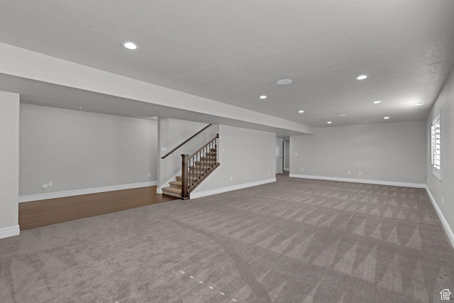 5575 S 1350 E, South Ogden, UT 84403 - basement with carpet flooring, recessed lighting, stairway, and a textured ceiling