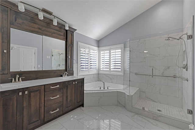 5575 S 1350 E, South Ogden, UT 84403 - full bathroom with vaulted ceiling, a bath, a marble finish shower, double vanity, and marble look tiles