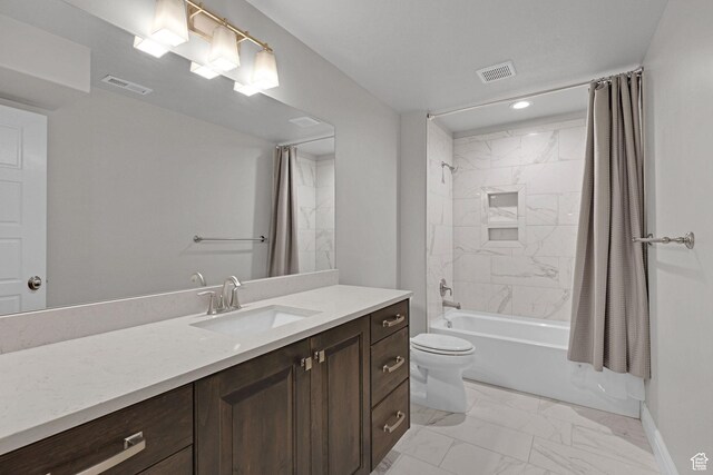 5575 S 1350 E, South Ogden, UT 84403 - bathroom featuring marble look tiles, vanity, shower / bathtub combination with curtain, and recessed lighting