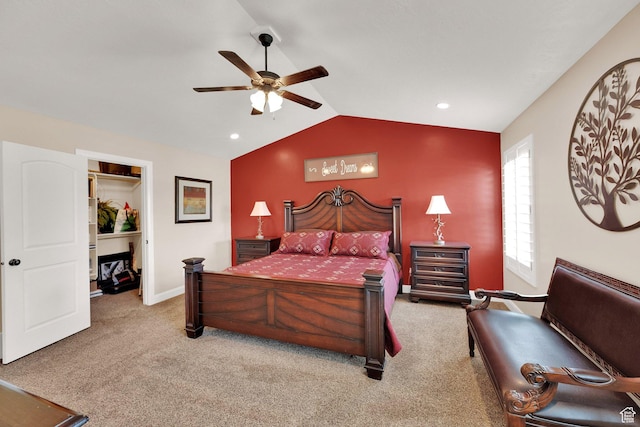 4390 N Diamond Ln, Erda, UT 84074 - bedroom with carpet, vaulted ceiling, a spacious closet, a ceiling fan, and recessed lighting