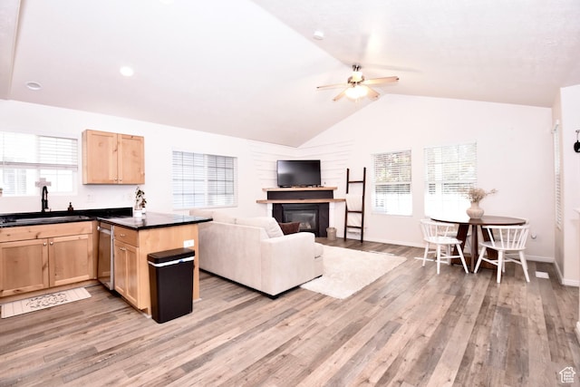 1568 Dawson Ln, Tooele, UT 84074 - kitchen featuring light brown cabinetry, ceiling fan, a glass covered fireplace, dark countertops, and lofted ceiling