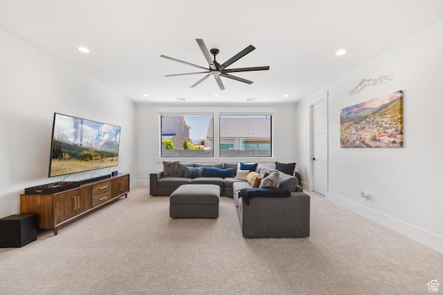 2950 E Naboo Ln, St George, UT 84790 - living area with light carpet, a ceiling fan, and recessed lighting