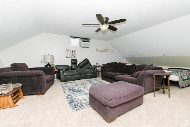 14360 N 6000 W, Garland, UT 84312 - carpeted living area with a ceiling fan, lofted ceiling, and a wall mounted AC