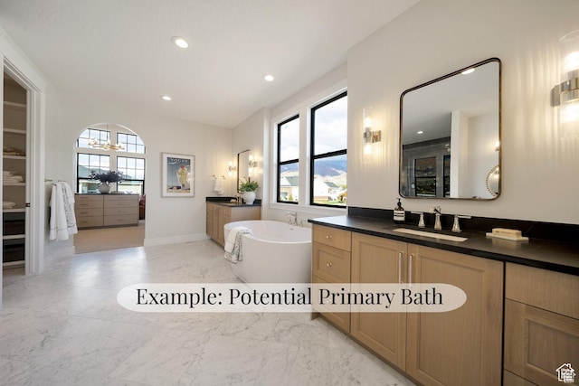 1672 S 70 W, Lehi, UT 84043 - full bathroom with two vanities, recessed lighting, marble finish flooring, and a freestanding bath