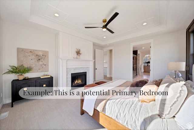 1672 S 70 W, Lehi, UT 84043 - bedroom featuring attic access, a raised ceiling, a glass covered fireplace, carpet flooring, and recessed lighting