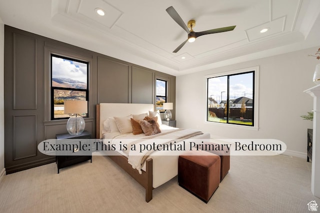 1672 S 70 W, Lehi, UT 84043 - bedroom with a tray ceiling, light colored carpet, recessed lighting, and a ceiling fan