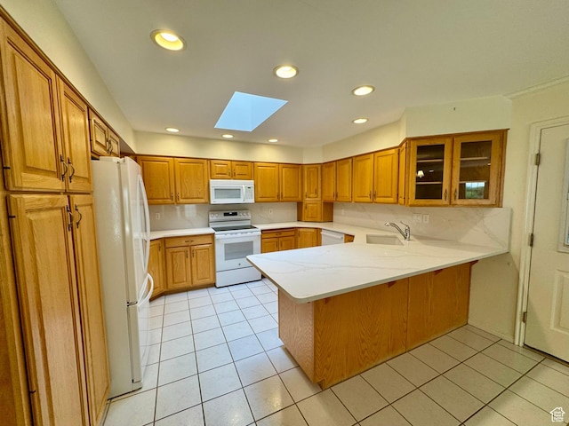 1341 E 5200 S, South Ogden, UT 84403 - kitchen featuring white appliances, a skylight, a peninsula, glass insert cabinets, and brown cabinets